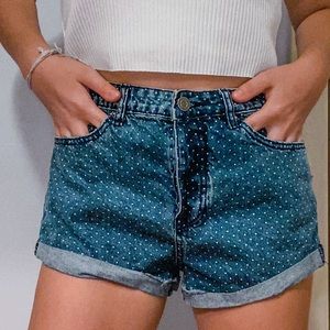 white polka dot high waisted denim jean shorts